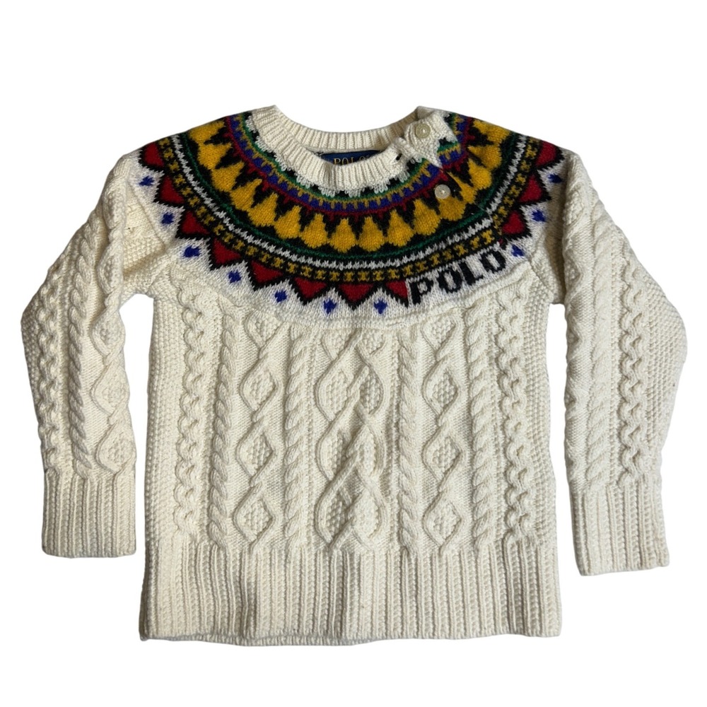 Kids Polo Ralph Lauren Cream Cable Knit Fair Isle Wool Blend Sweater‎ Size 2